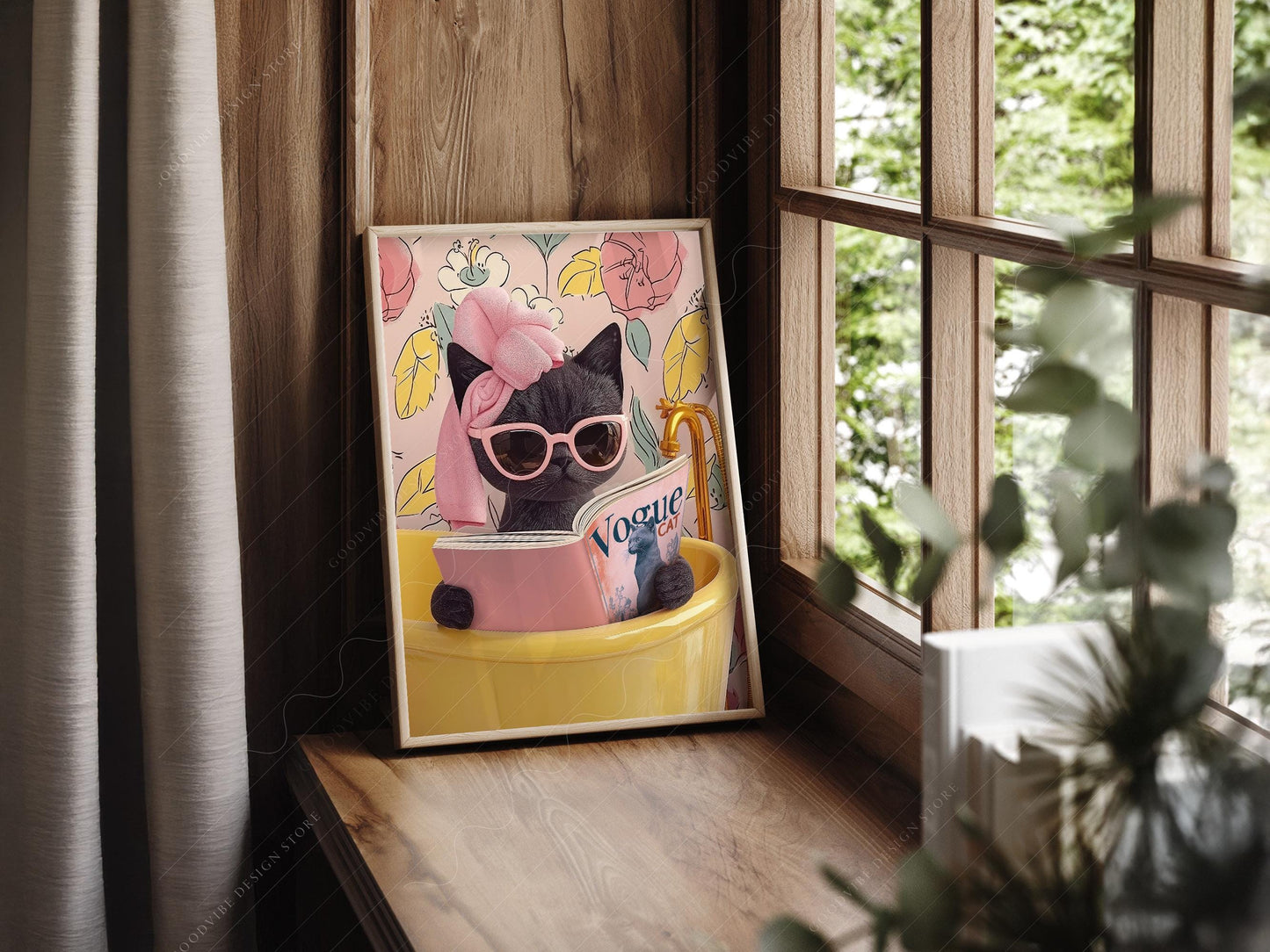 Funny Black Cat Bathroom Print – Cat Reading Magazine – gallery wall art poster