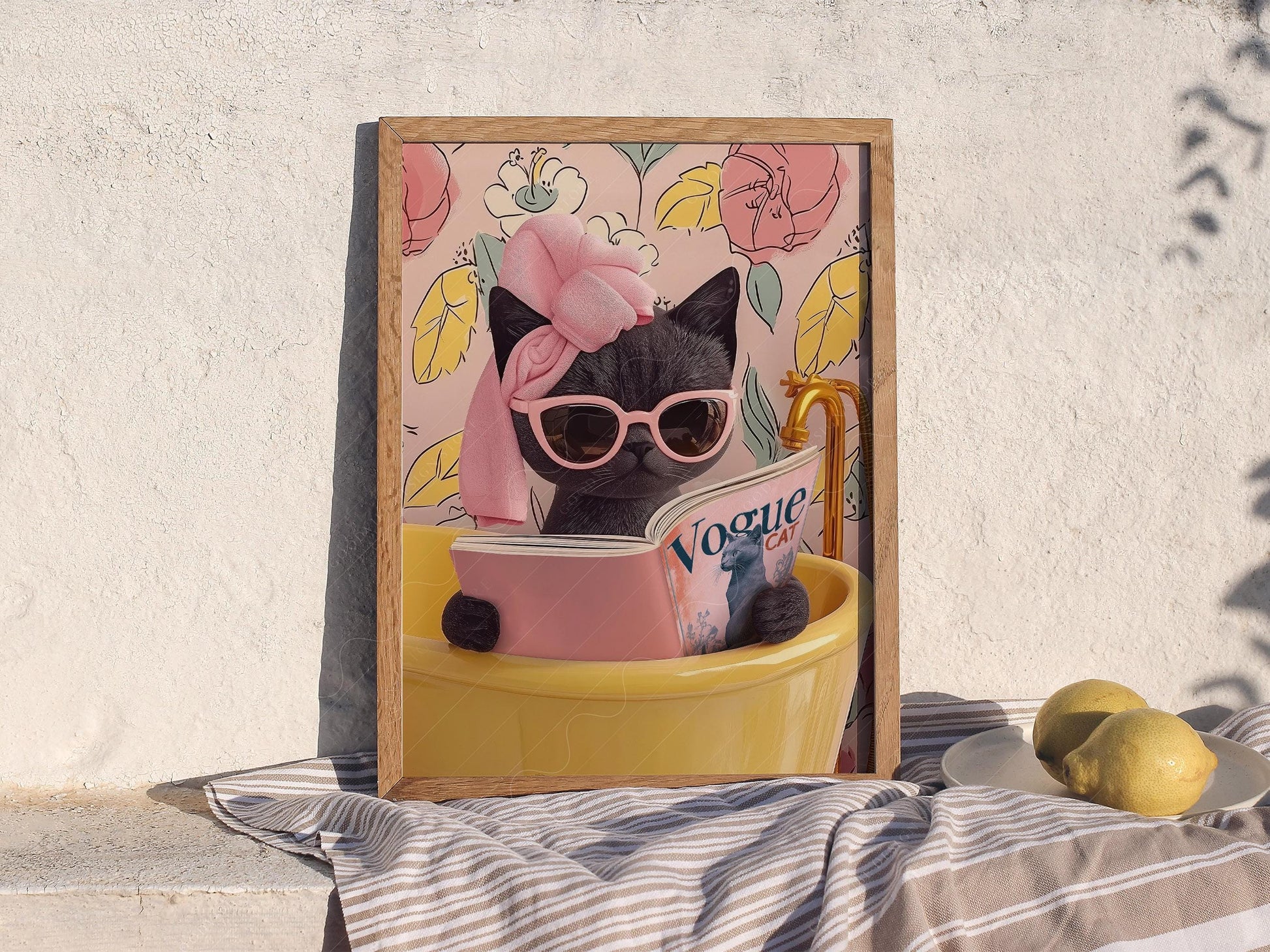 Funny Black Cat Bathroom Print – Cat Reading Magazine – classic art print reproduction