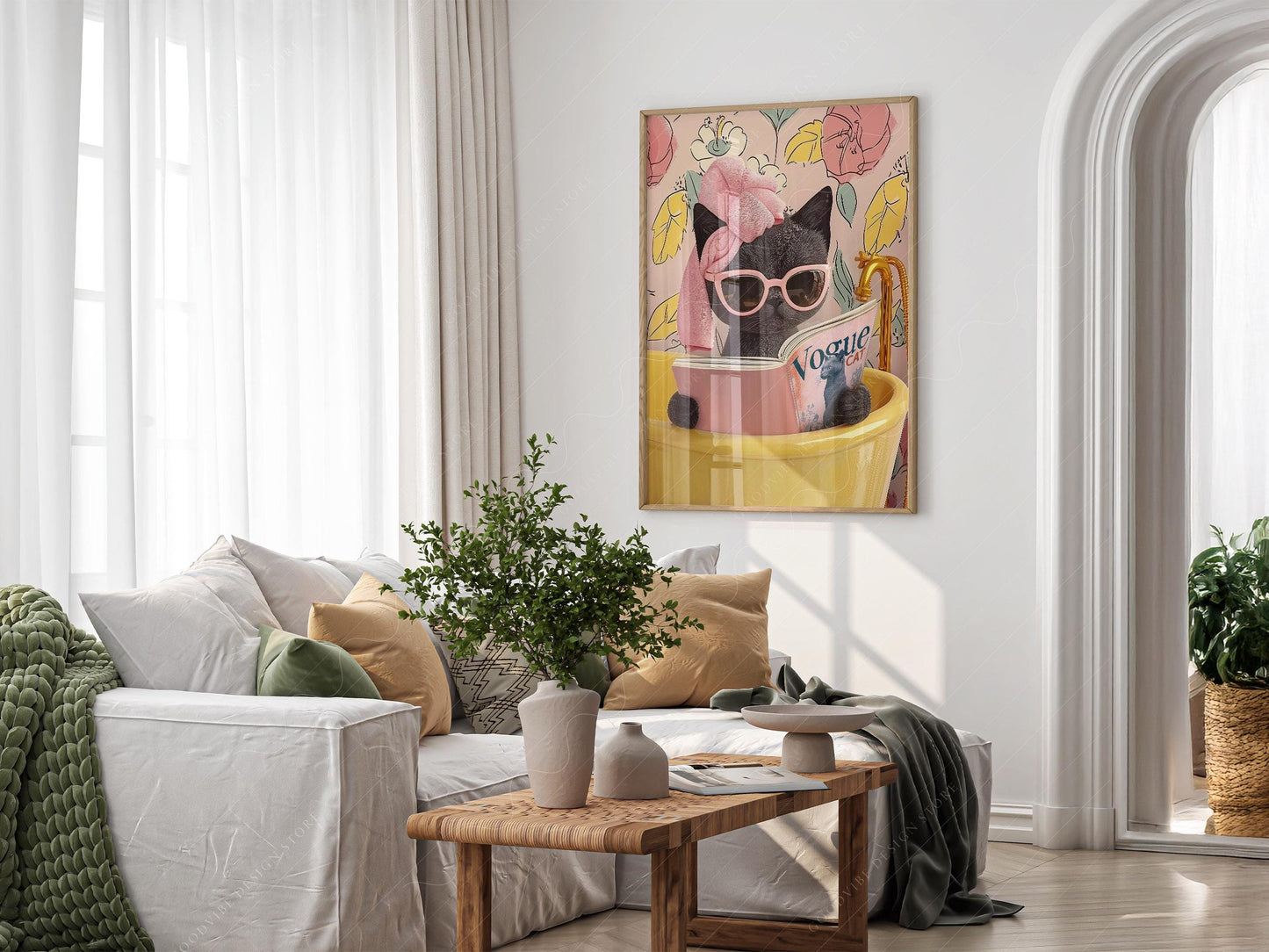 Funny Black Cat Bathroom Print – Cat Reading Magazine – archival paper art print