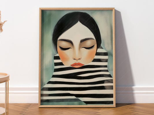 Modern minimalist woman portrait art print with black and white stripes and sage green background wall art.