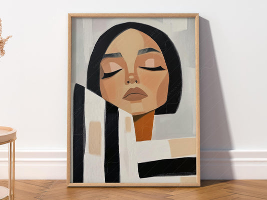 Minimalist woman portrait art print with black and white stripes and warm neutral tones as modern wall art.