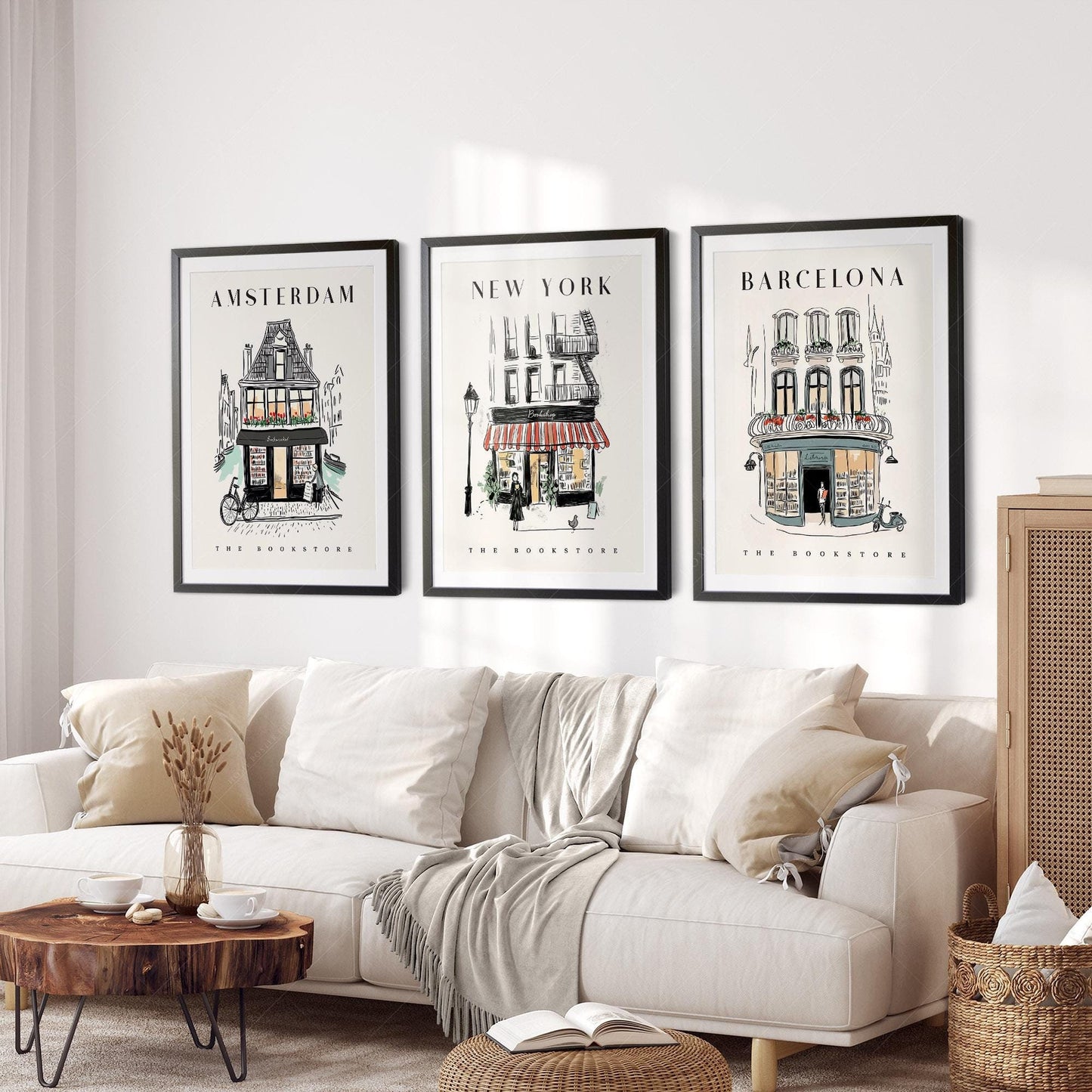 Bookstore Art Print Set – NYC Barcelona Amsterdam – classic art print reproduction