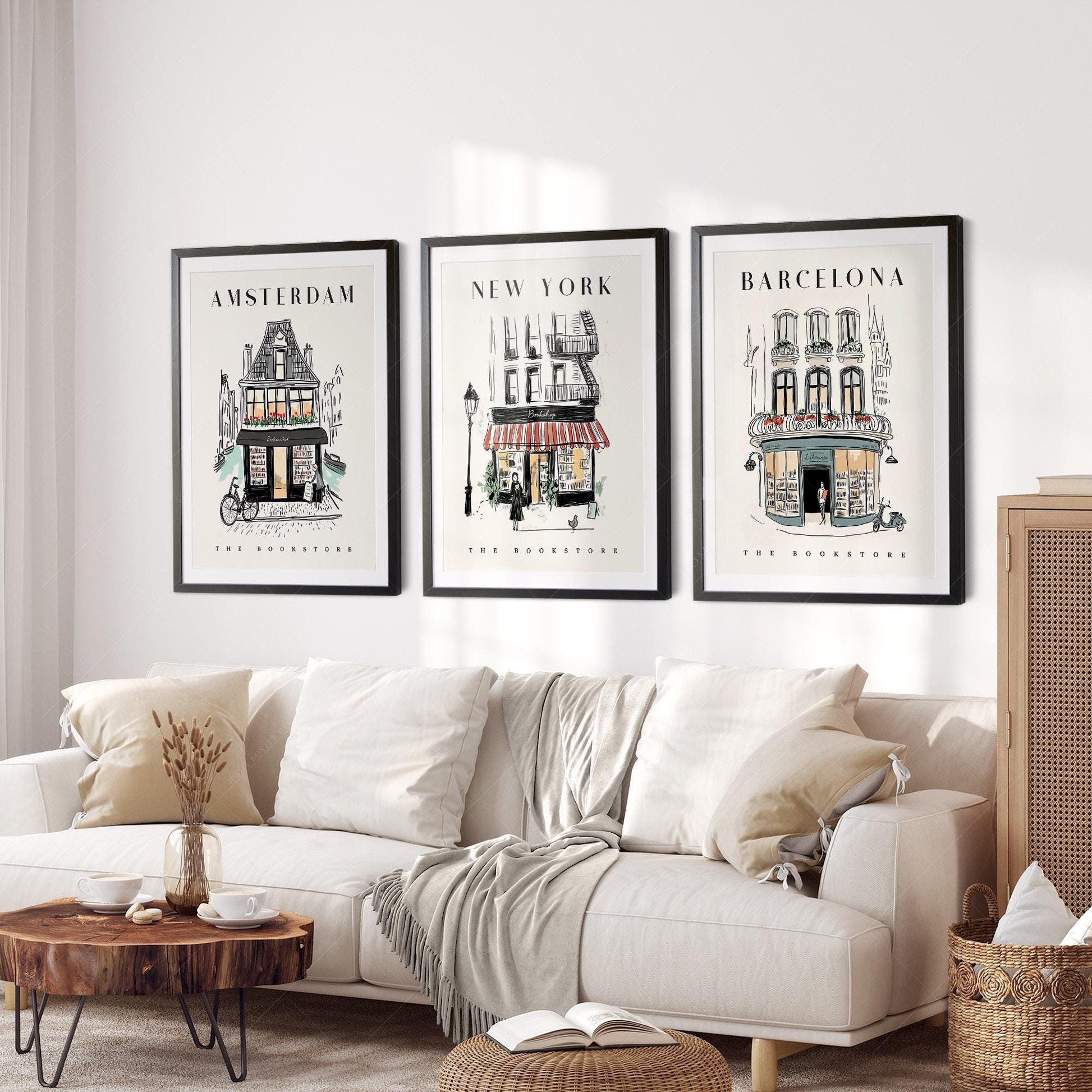 Bookstore Art Print Set – NYC Barcelona Amsterdam – classic art print reproduction