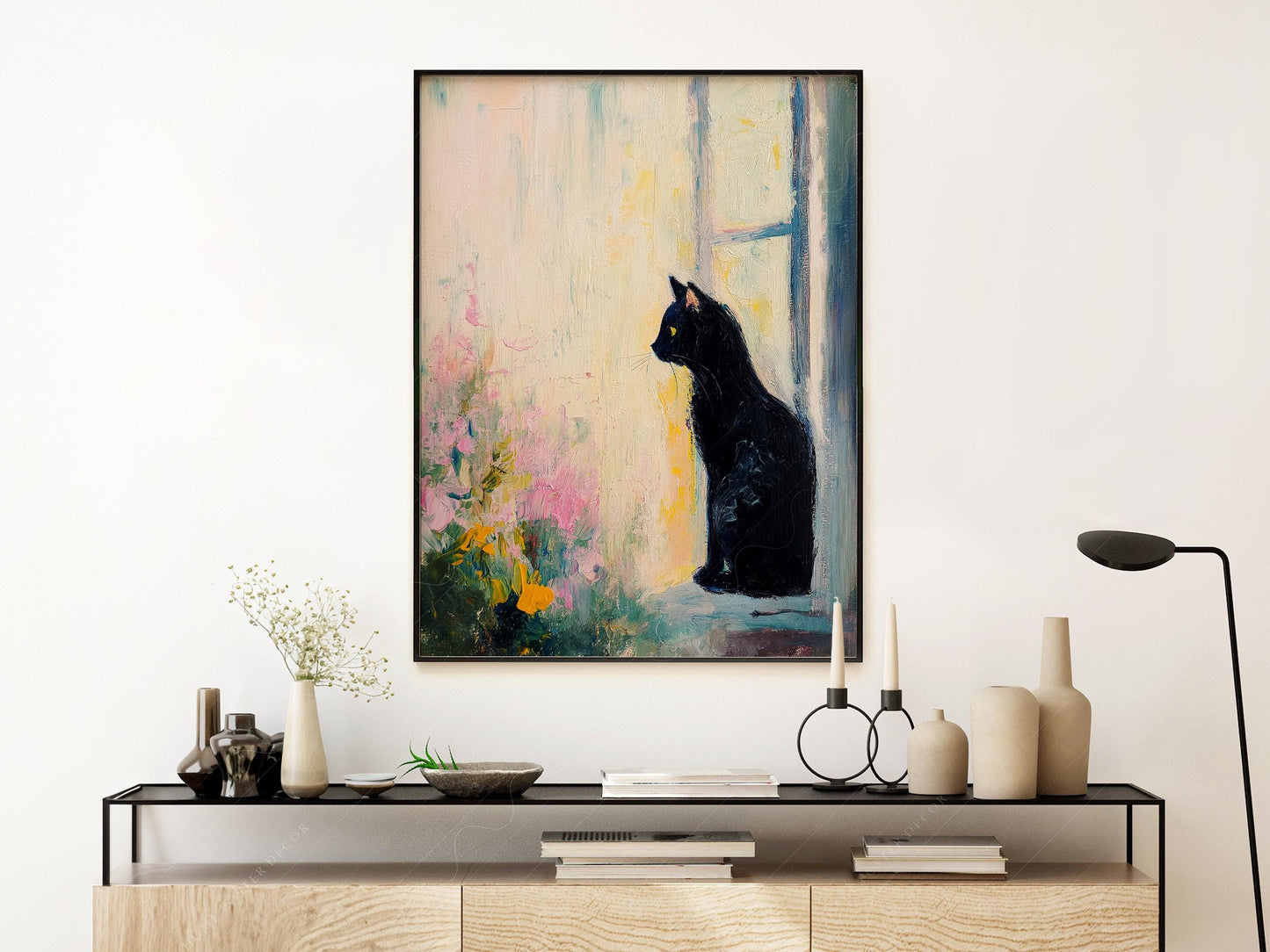 Black Cat by Window Art Print – Impressionist Style – fine art print wall decor