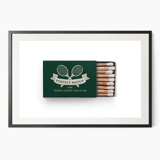 Vintage green tennis club matchbox art print featuring Perfect Match 1984 design with crossed rackets wall art.