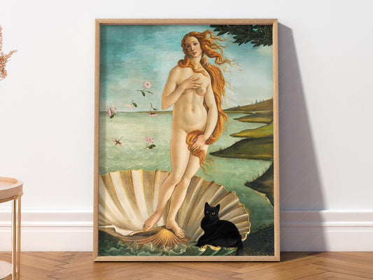Botticelli Birth of Venus art print with black cat on scallop shell, funny Renaissance wall art poster.