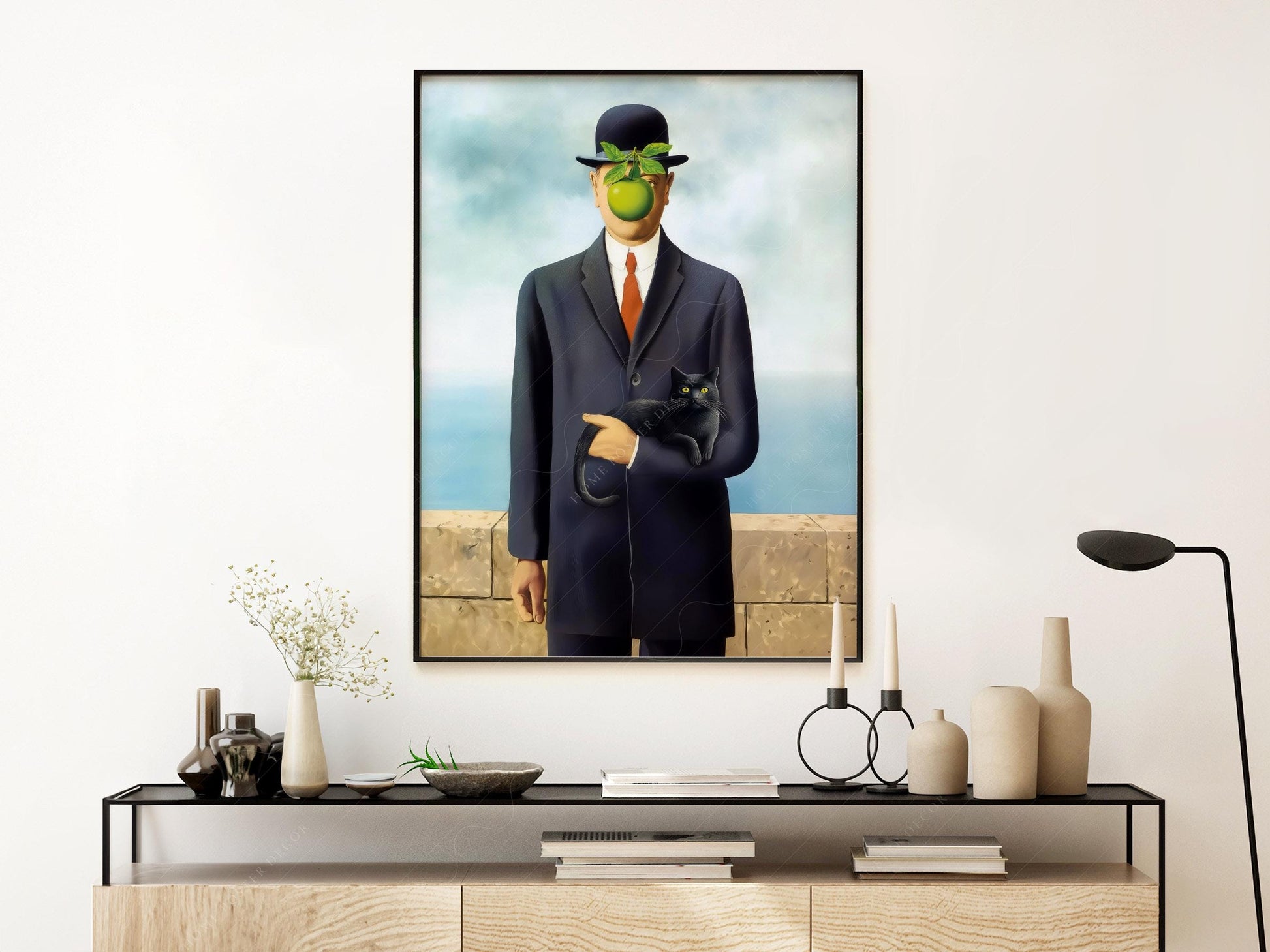 Magritte Son of Man Cat Print – Funny Surrealist Art – fine art print wall decor