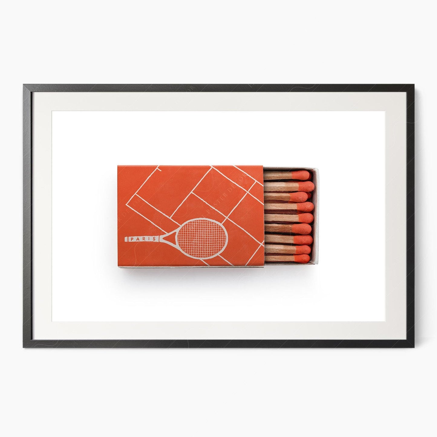 Vintage Paris French Open tennis matchbox art print featuring terracotta clay court and racket design wall art.