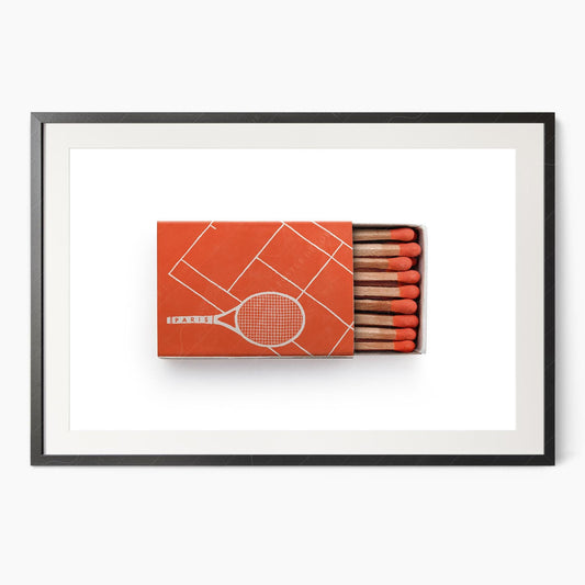 Vintage Paris French Open tennis matchbox art print featuring terracotta clay court and racket design wall art.