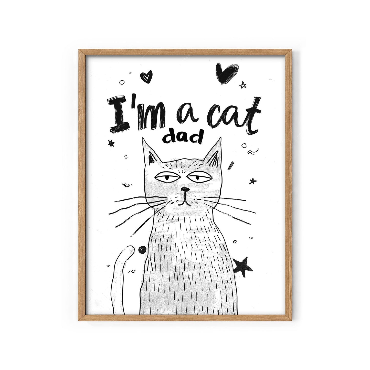 Black and white I'm a Cat Dad illustration art print featuring a sleepy cat with hearts and stars wall art
