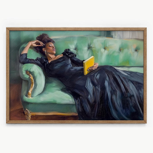 Elegant Black woman in black gown reading on green velvet chaise vintage portrait wall art print