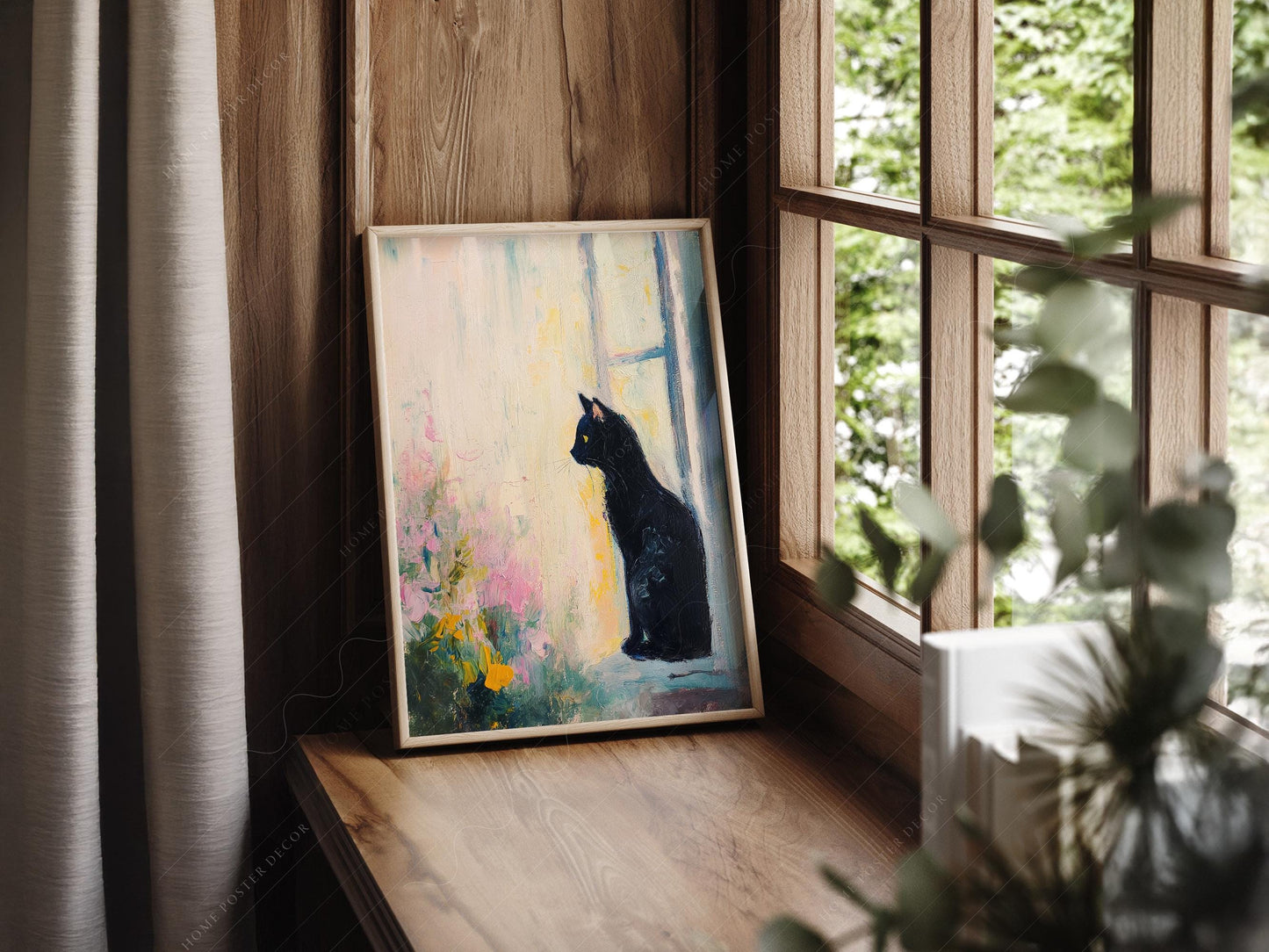 Black Cat by Window Art Print – Impressionist Style – museum quality art print