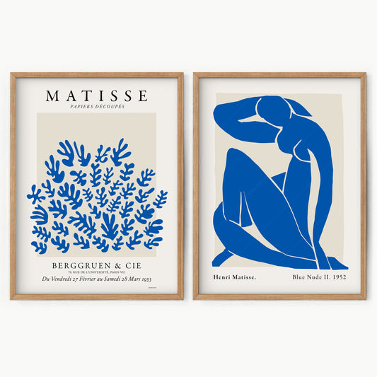 Henri Matisse Blue Nude II and Papiers Découpés exhibition poster wall art print set in cobalt blue.