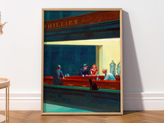 Nighthawks cat art print featuring a black cat outside Edward Hopper's iconic diner scene wall art