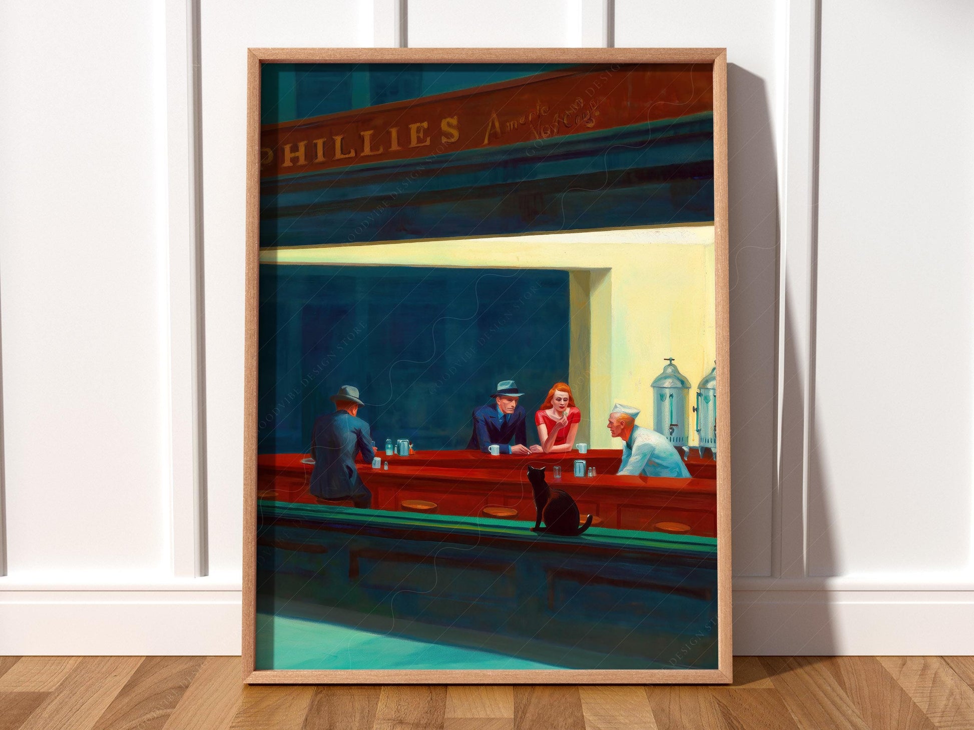 Nighthawks Cat Art Print – Edward Hopper Parody Poster – fine art wall poster