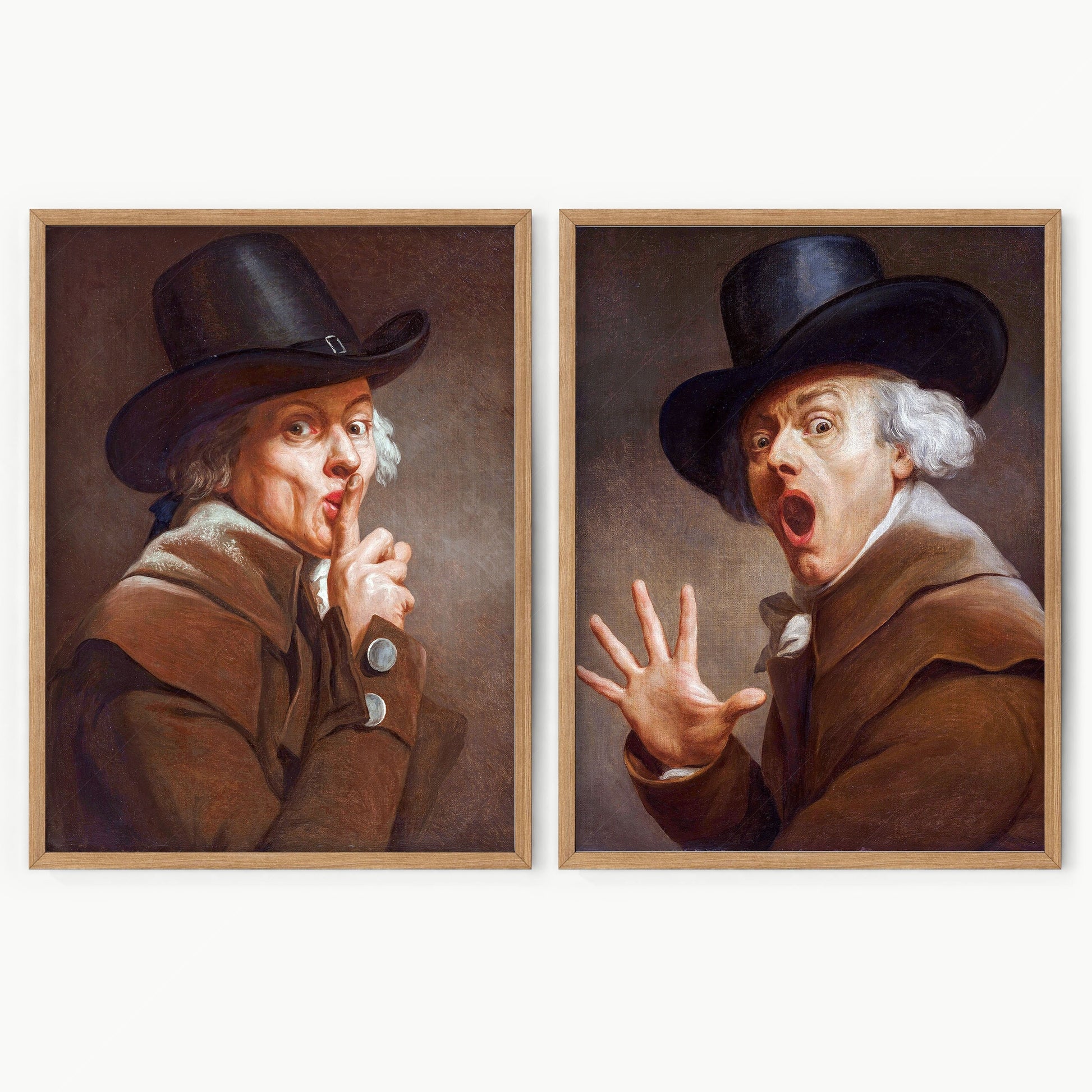 Joseph Ducreux Be Discreet and The Surprise humorous 18th century portrait art prints set of two.