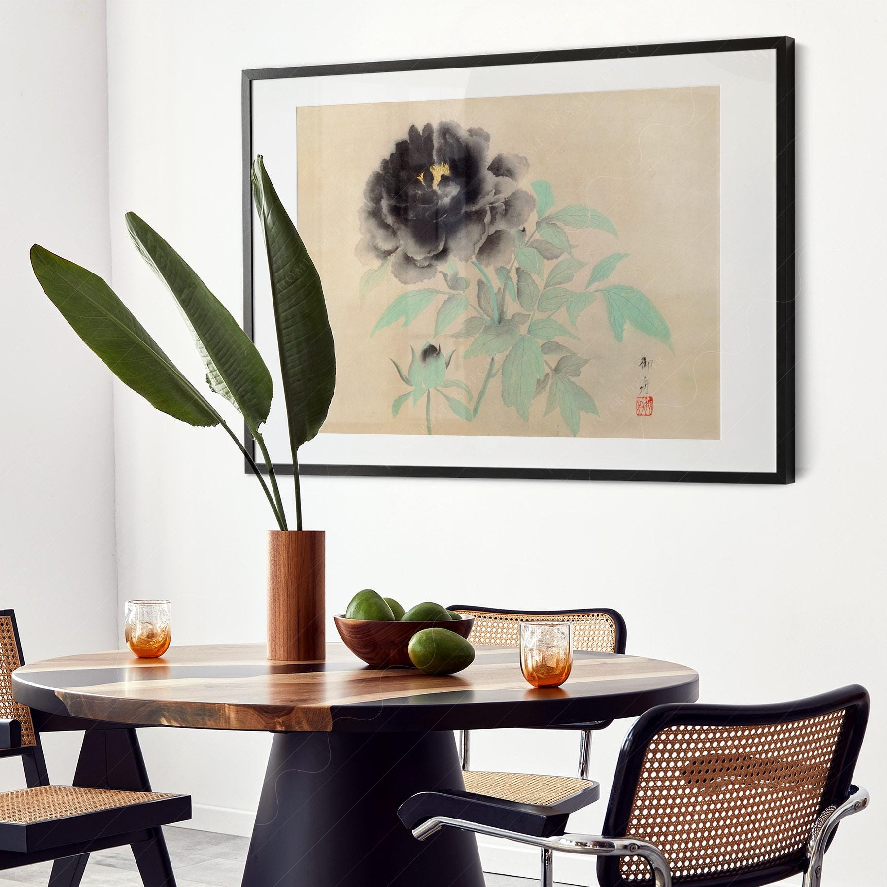 Gyoshu Hayami Black Peonies Print – Vintage Japanese – art poster for living room