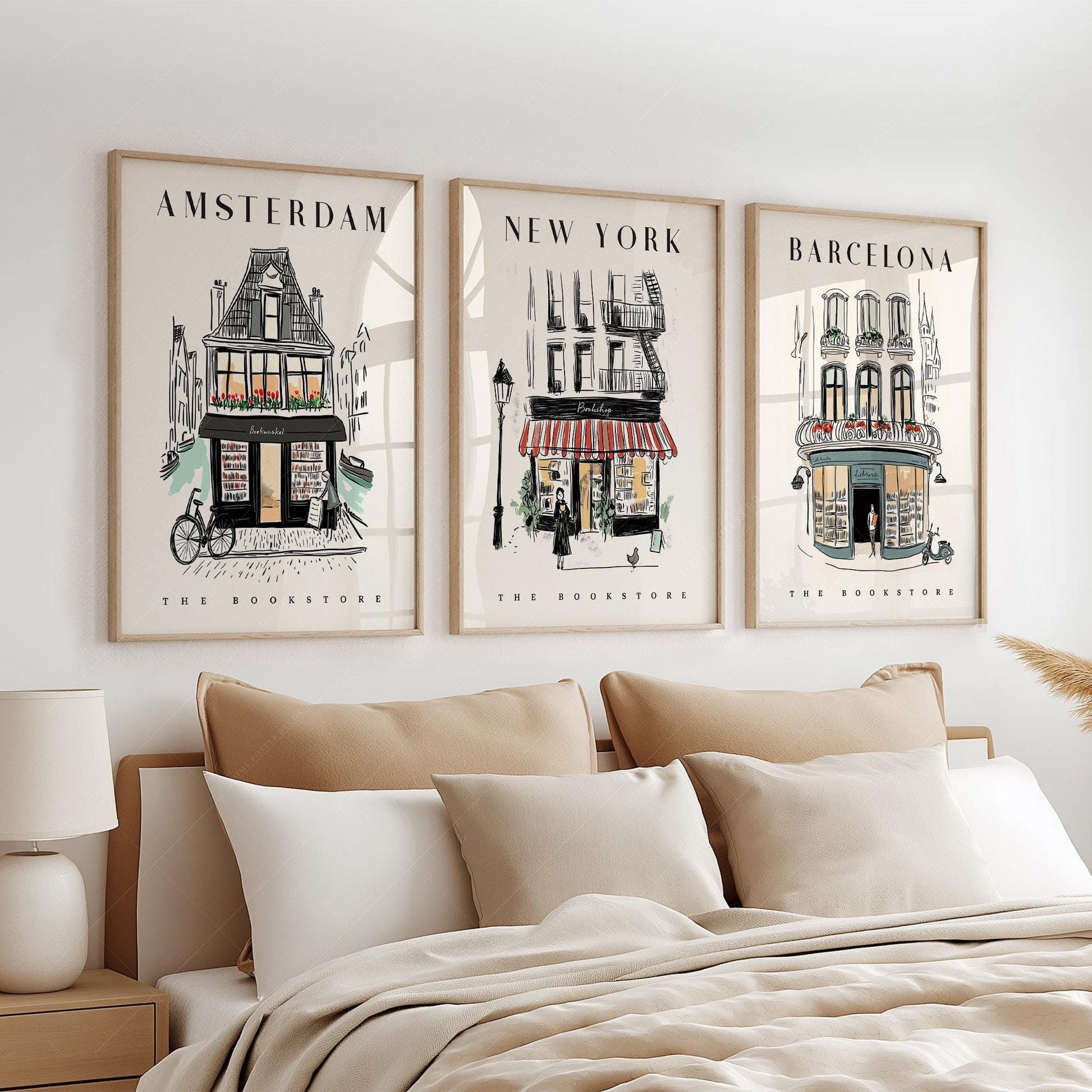 Bookstore Art Print Set – NYC Barcelona Amsterdam – gallery wall art poster