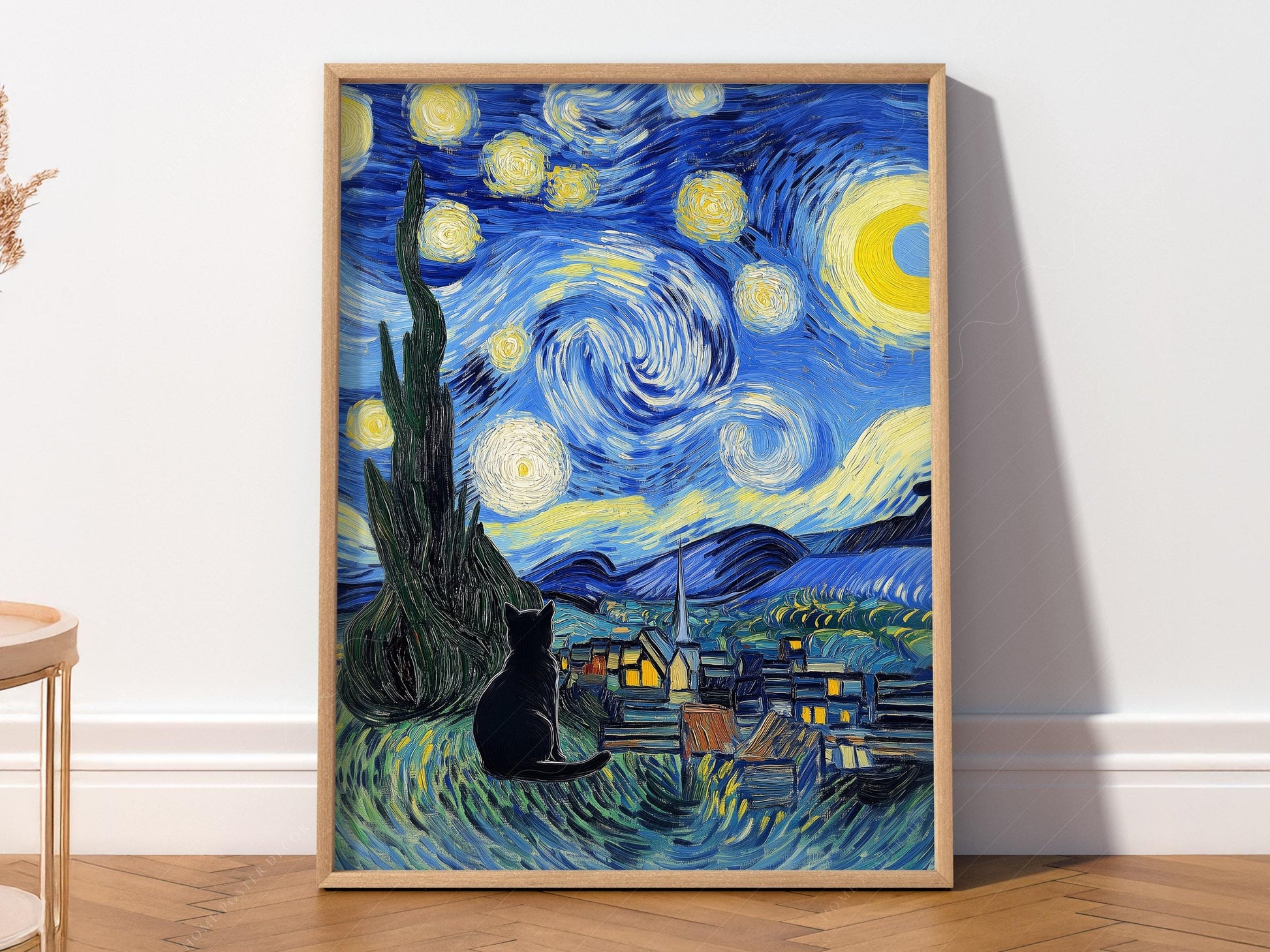 Van Gogh Starry Night with Black Cat Print – Funny Cat – fine art print wall decor
