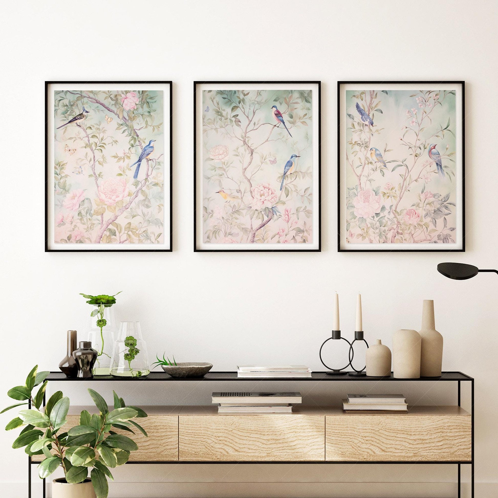 Chinoiserie Bird and Flower Art Prints Set of 3 – classic art print reproduction