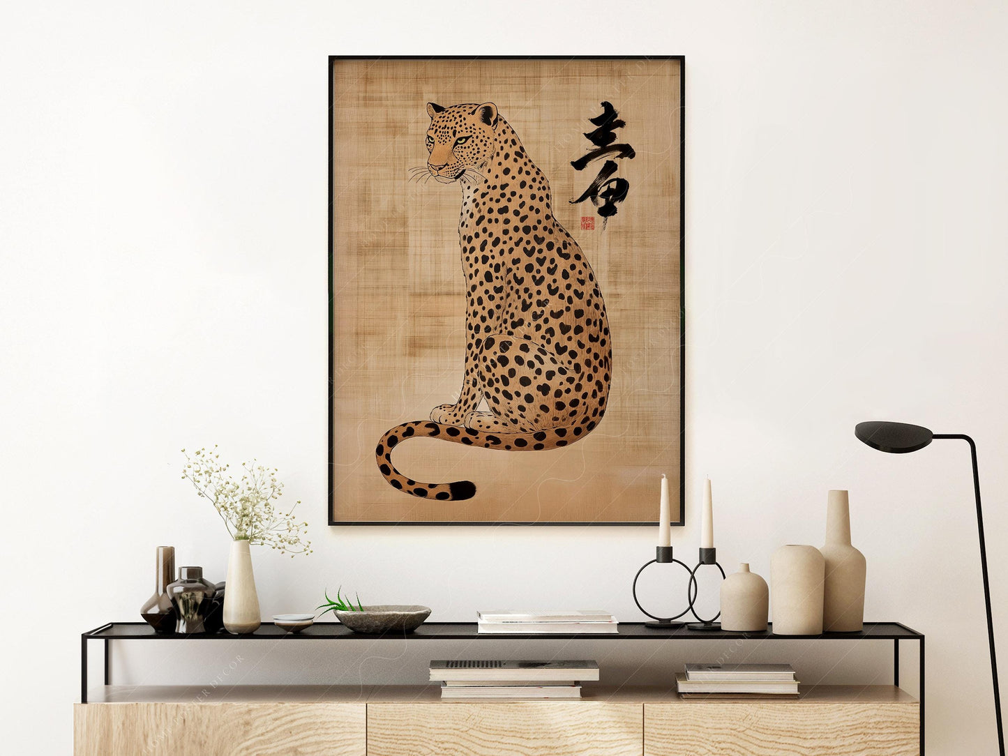 Japanese Leopard Sumi-e Art Print – Asian Ink Painting – art poster for living room