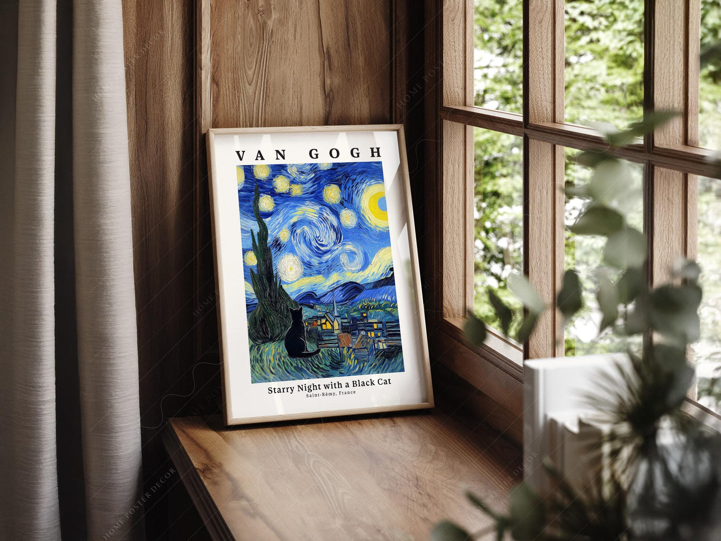 Van Gogh Starry Night with Black Cat Print – Funny Cat – fine art print wall decor
