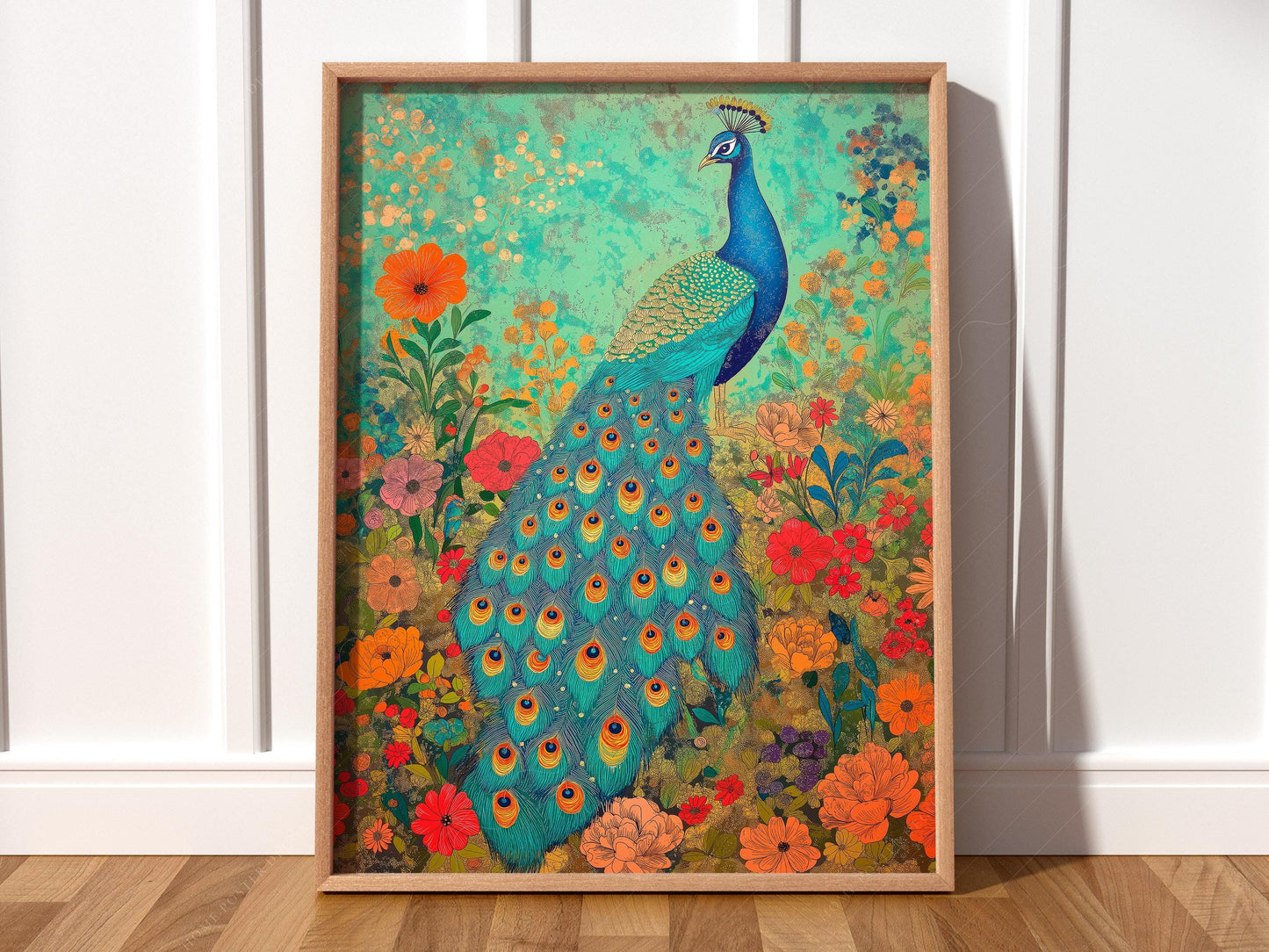 Colorful Peacock Garden Art Print – Vibrant Floral – children's illustration print