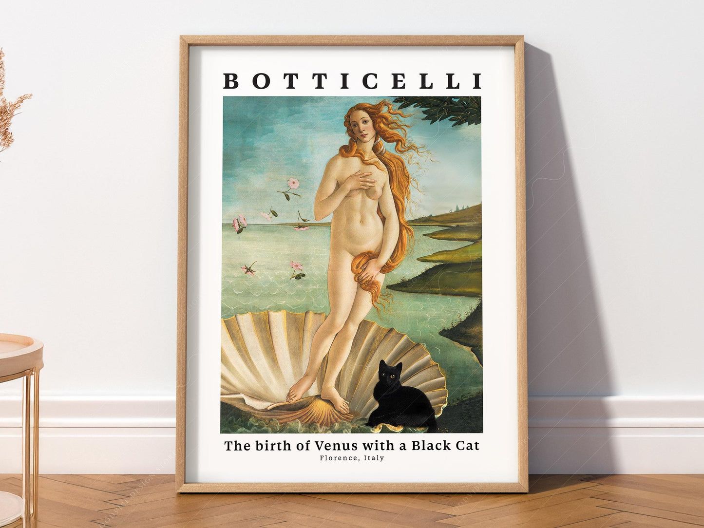 Botticelli Birth of Venus art print with black cat on scallop shell, funny Renaissance wall art poster.