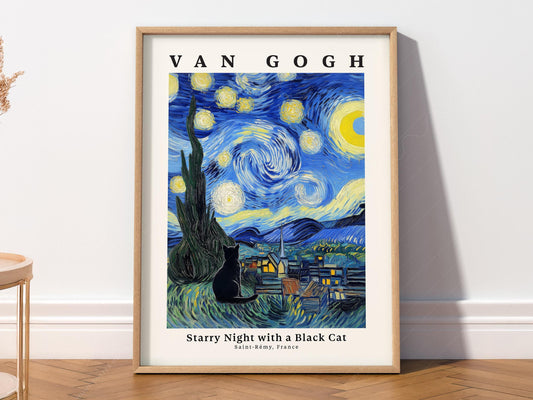 Van Gogh Starry Night art print with black cat silhouette gazing at swirling night sky wall art.