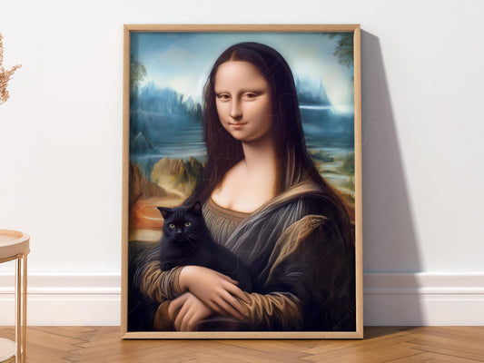 Mona Lisa with Black Cat Art Print – Funny Renaissance – fine art print wall decor