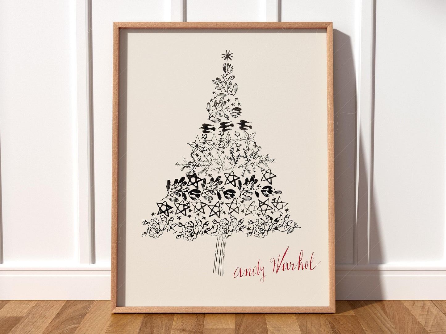 Andy Warhol Christmas Tree art print featuring hand-drawn stars and botanicals in black ink wall art.