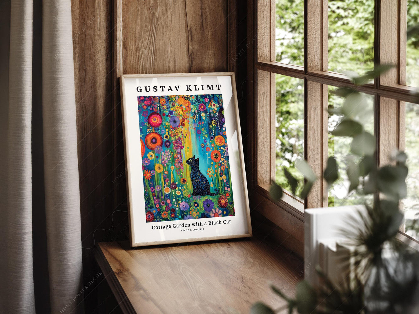 Gustav Klimt Cottage Garden with Black Cat Print – fine art print wall decor