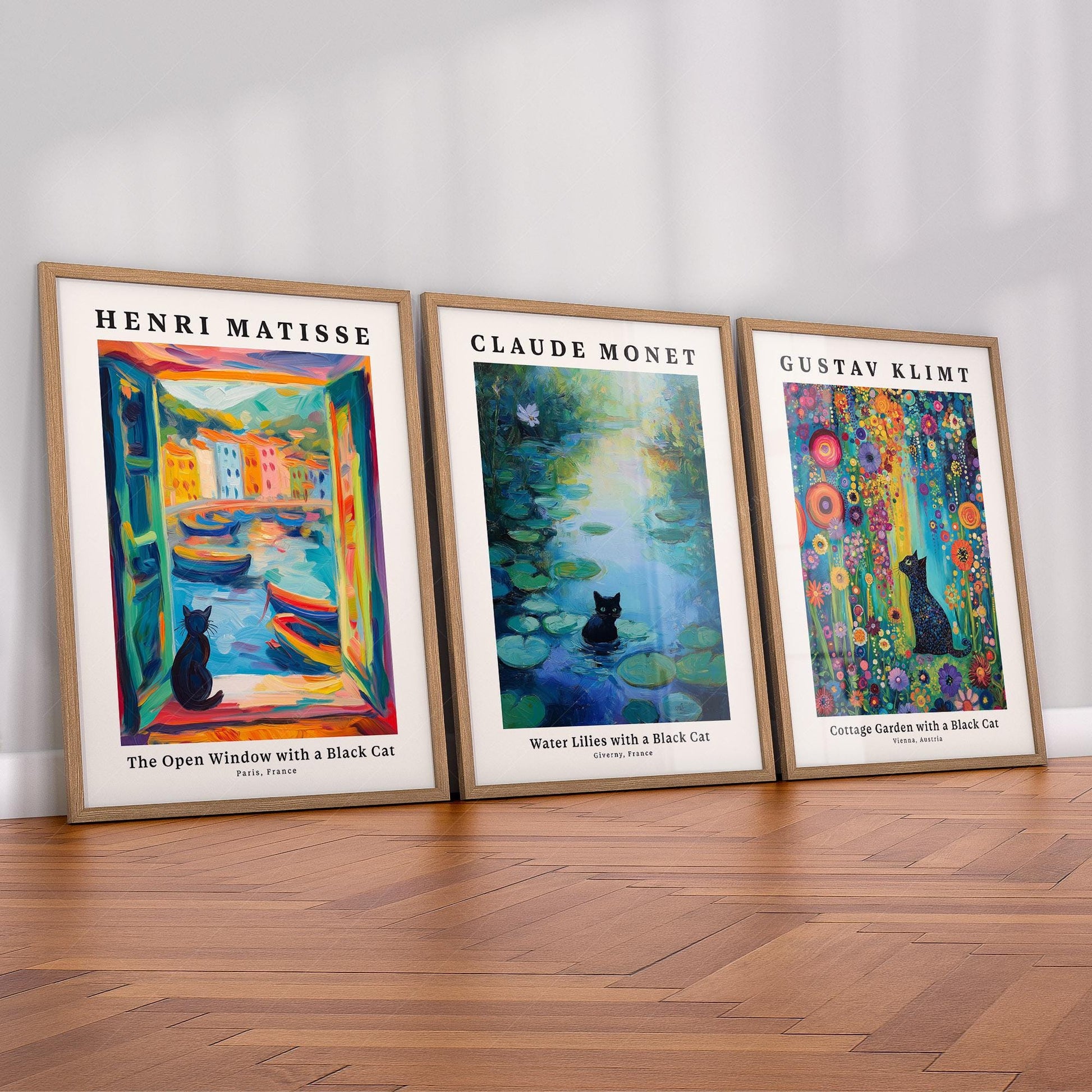 Black Cat Art Print Set of 3 – Matisse Monet Klimt – fine art print wall decor