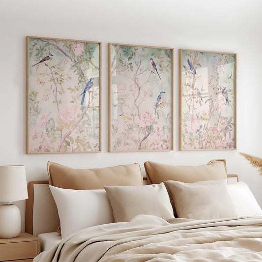 Chinoiserie bird and flower art print set of three featuring soft pink peonies and delicate birds as wall art.
