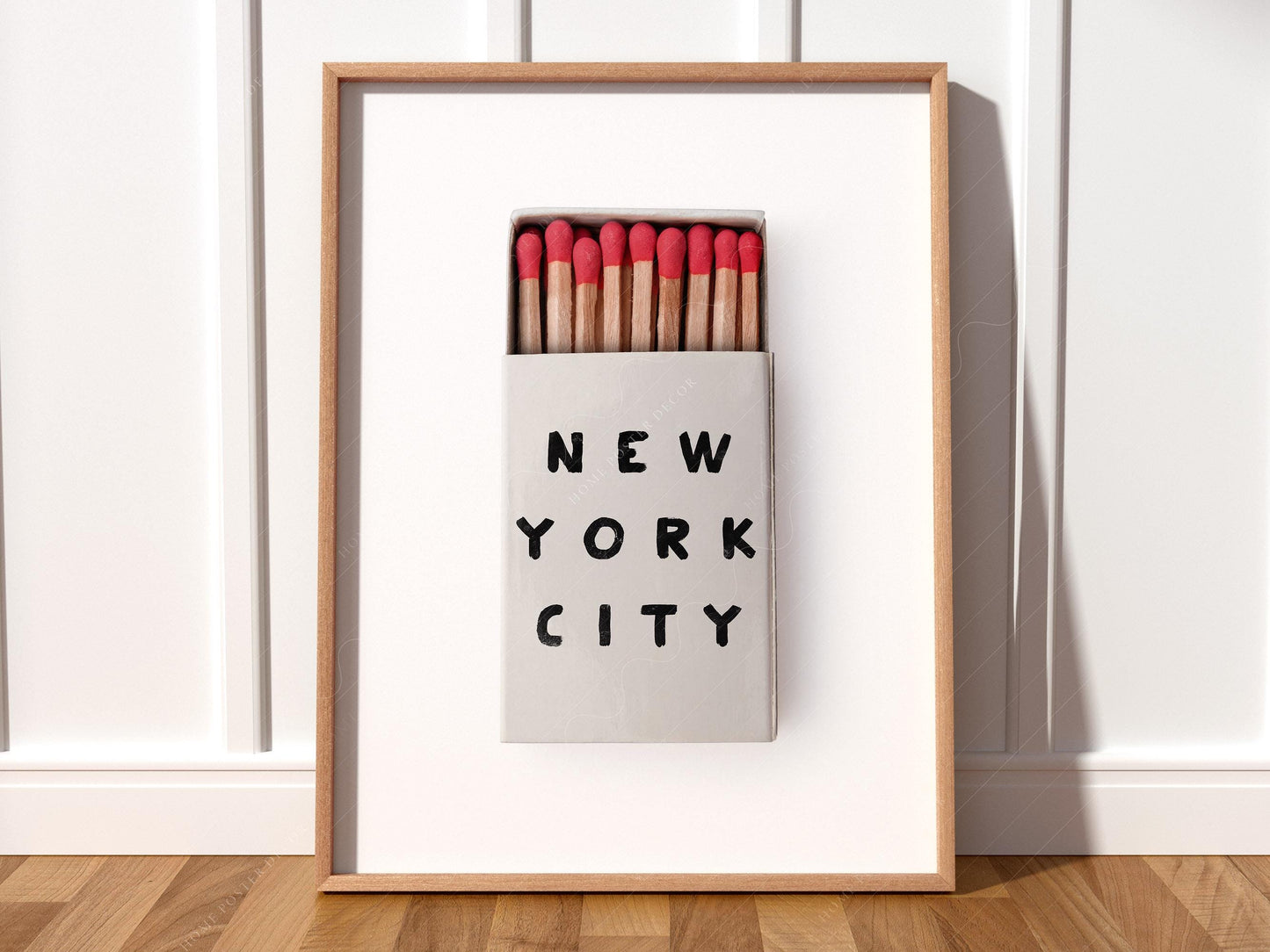 New York City matchbox art print featuring minimalist typography and red-tipped matches as retro wall art.