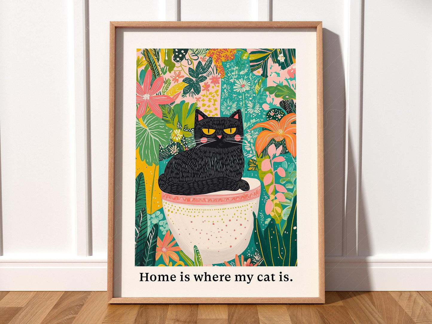 Black Cat in Garden Art Print – Colorful Botanical Cat – fine art wall poster
