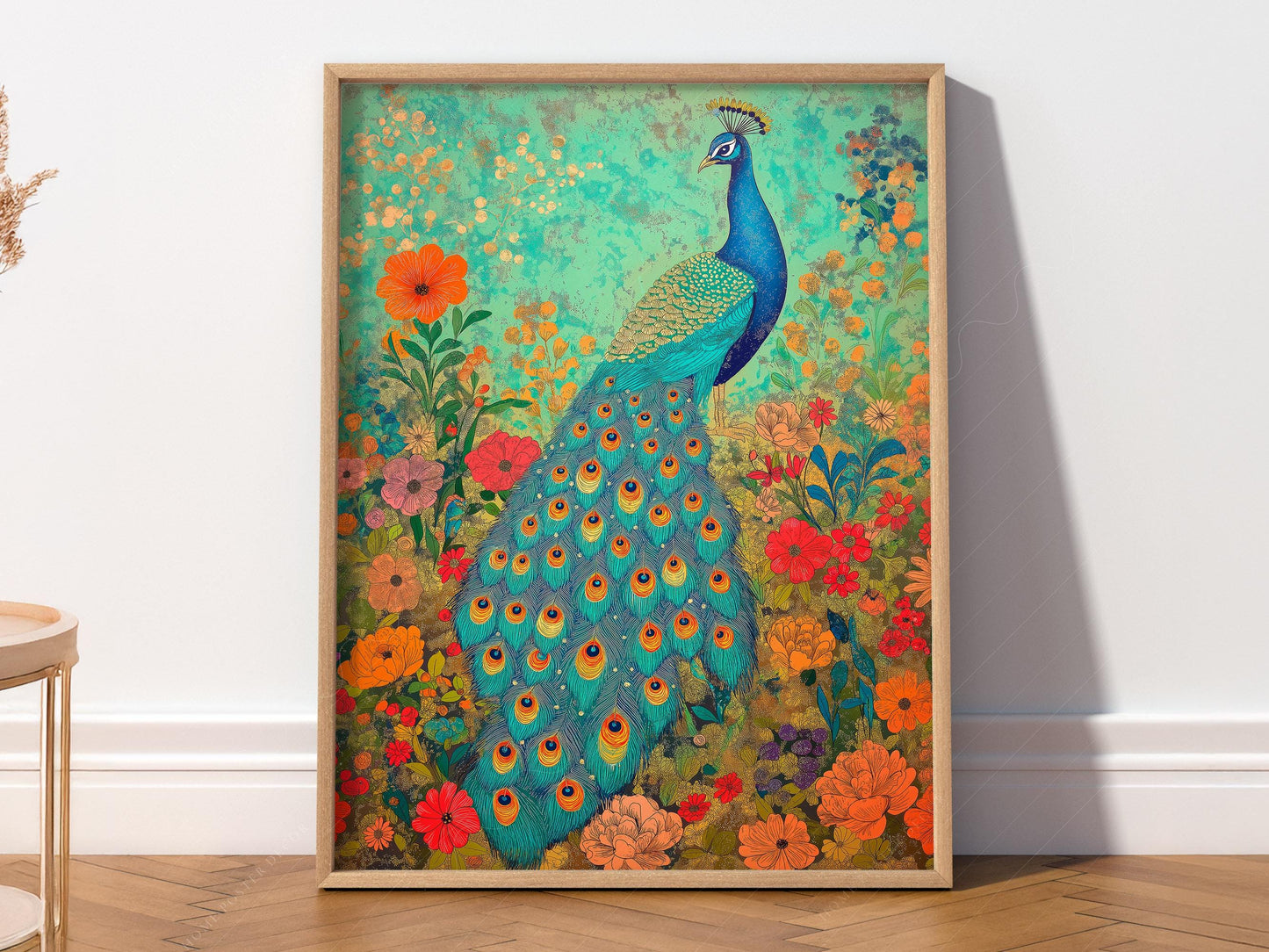 Colorful peacock wall art print featuring a majestic bird surrounded by vibrant flowers in a garden setting.