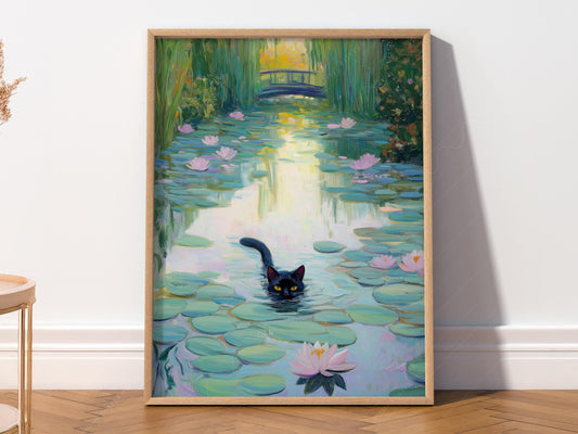 Black cat swimming through Monet-style water lilies pond Impressionist wall art print