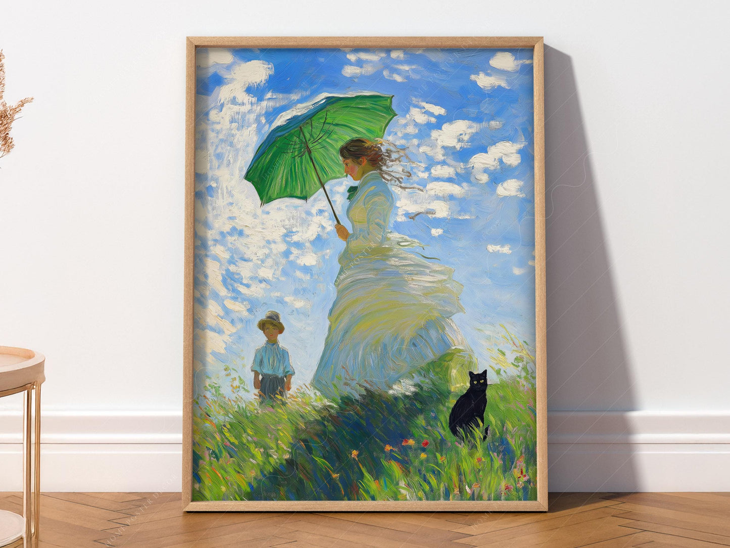 Monet-inspired Woman with Parasol art print featuring a black cat on a sunny hillside, whimsical wall art