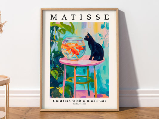 Henri Matisse inspired art print featuring a black cat watching goldfish in a colorful painterly style wall art.