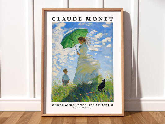 Claude Monet Woman with a Parasol and a Black Cat art print featuring Impressionist summer scene wall art.