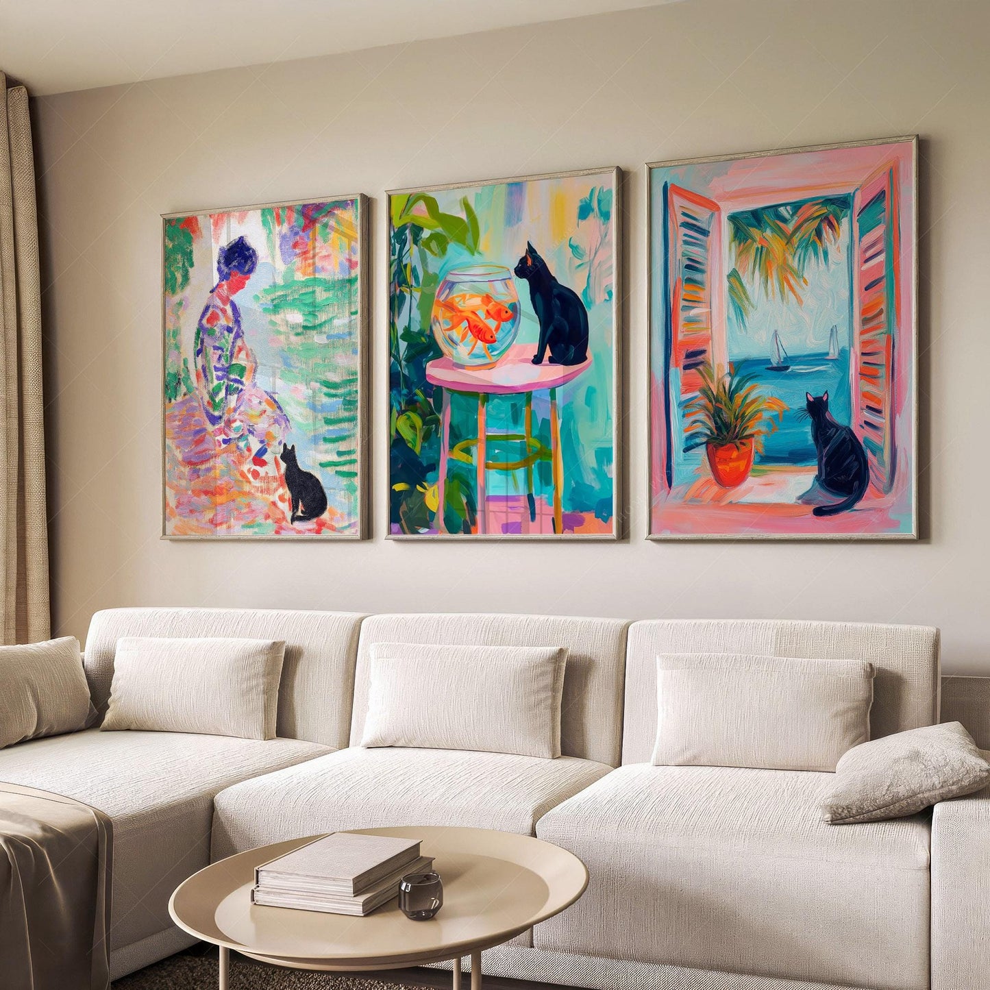 Matisse inspired black cat art print set of 3 featuring colorful scenes with cats, goldfish, and coastal views as wall art.