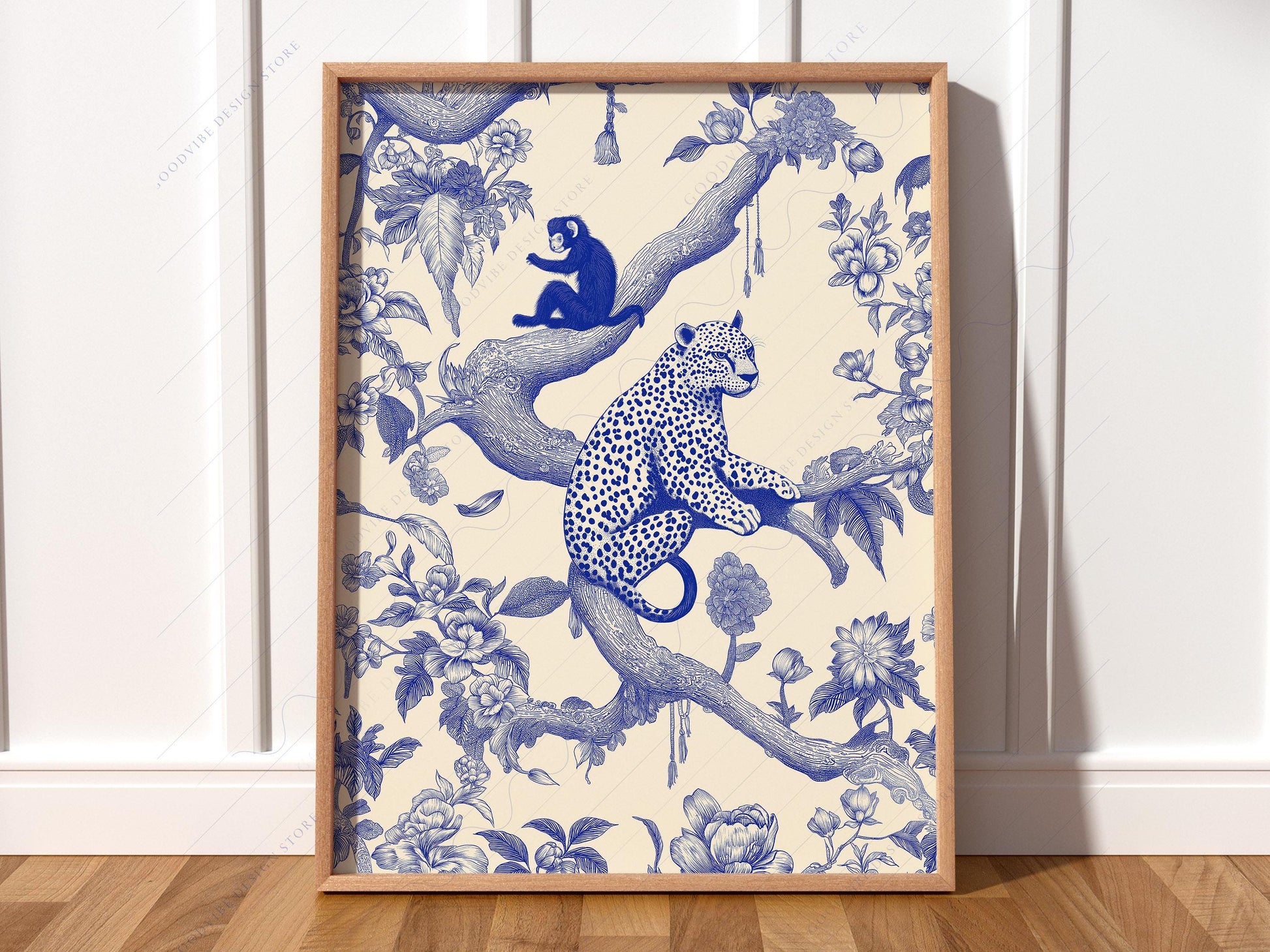 Chinoiserie Leopard & Monkey Art Print – Blue White – fine art print wall decor