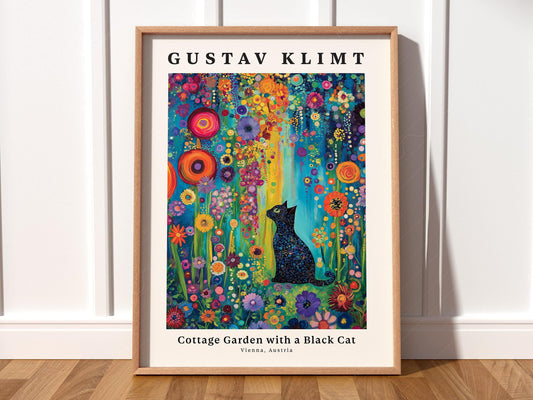 Gustav Klimt style art print featuring a black cat sitting in a colorful cottage garden with vibrant flowers.