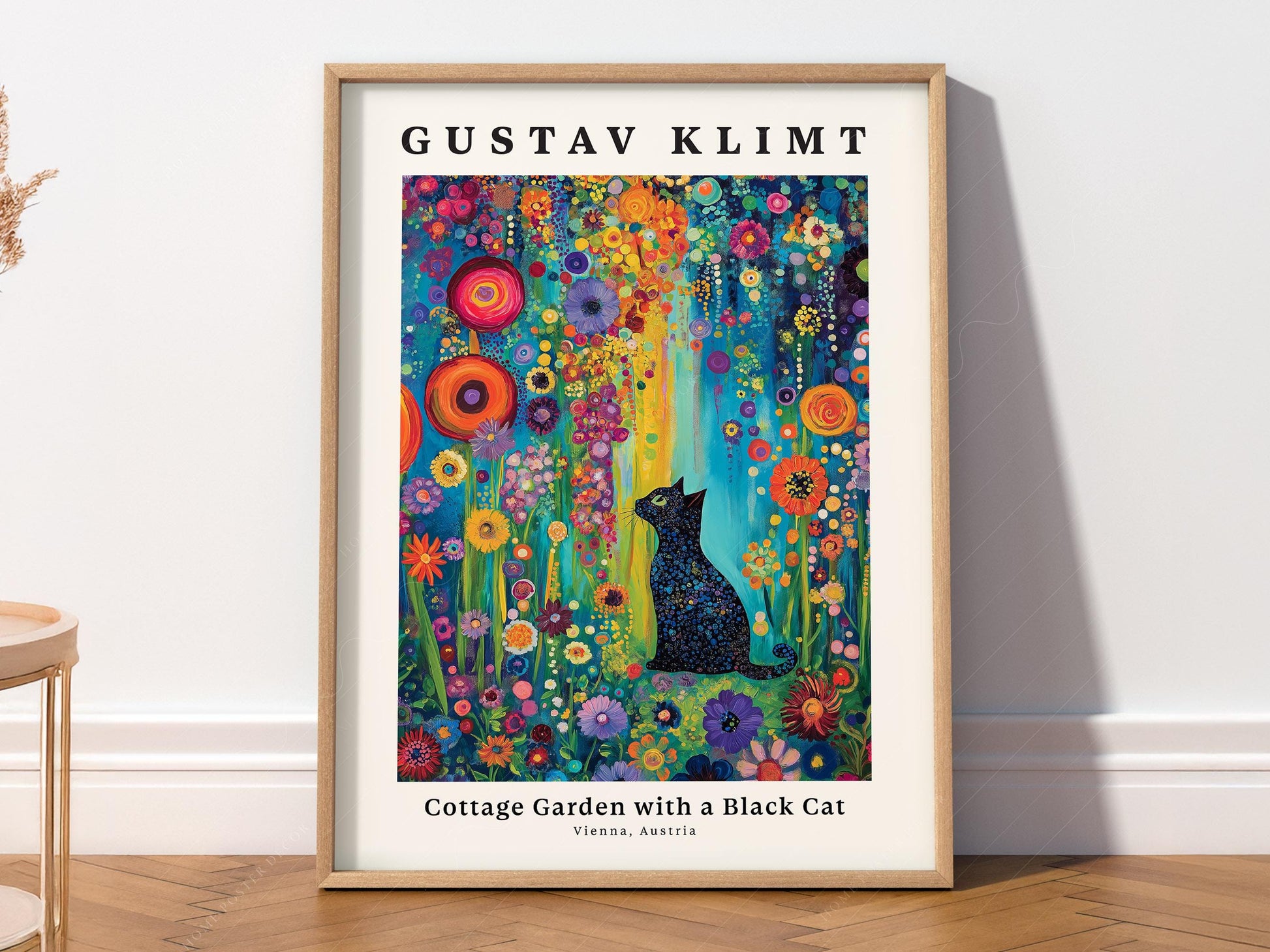 Gustav Klimt Cottage Garden with Black Cat Print – art poster for living room