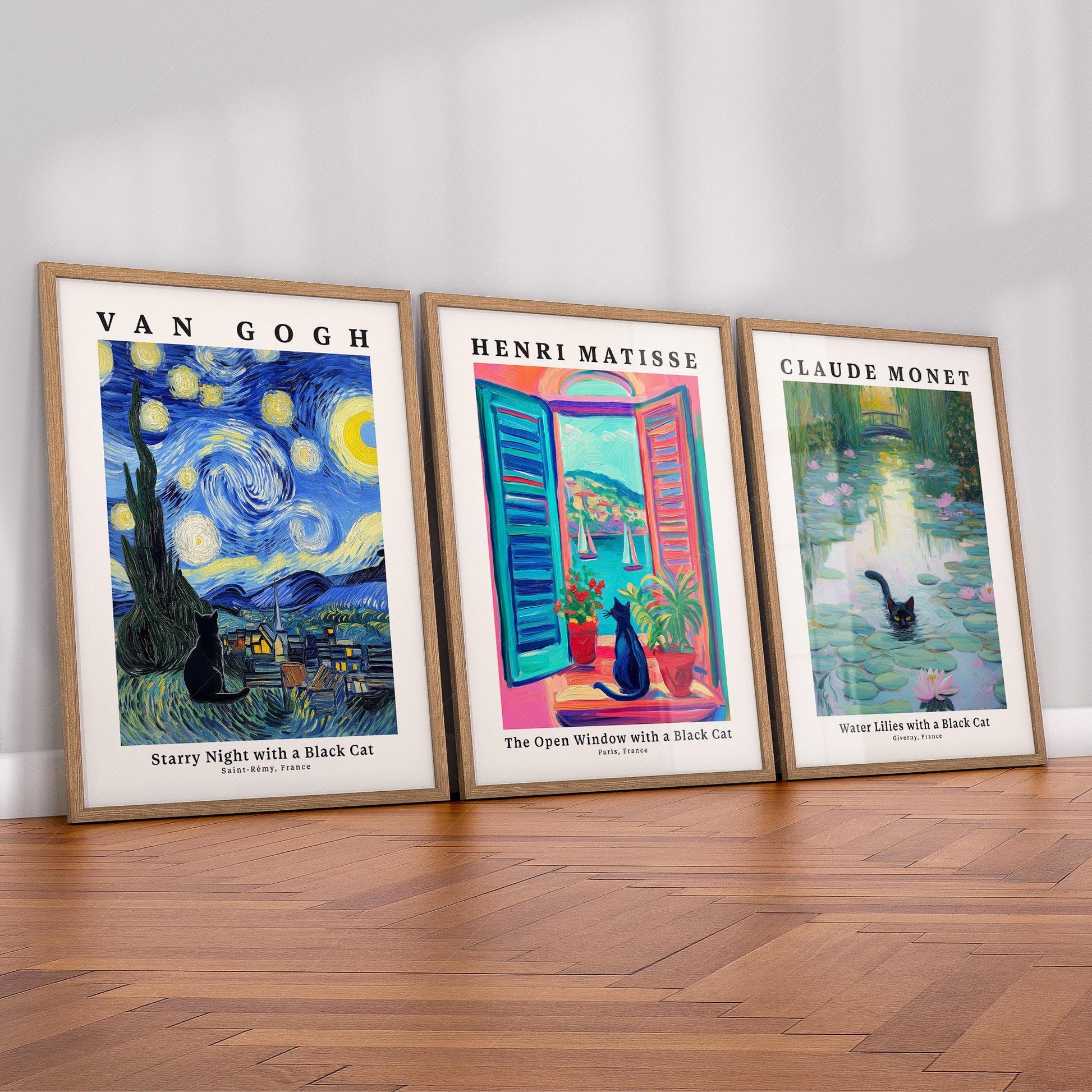 Set of three black cat art prints inspired by Van Gogh, Matisse, and Monet masterpieces as wall art.