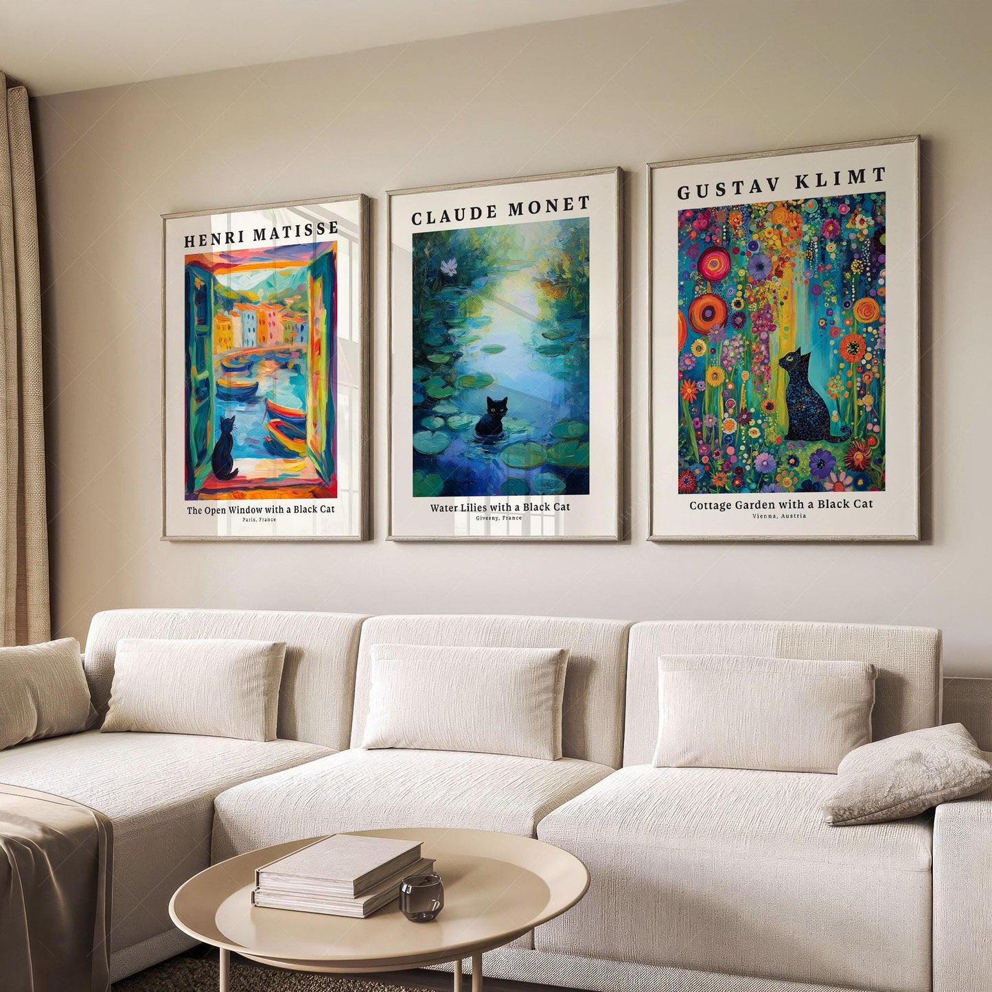 Set of three black cat art prints inspired by Matisse, Monet, and Klimt displayed as gallery wall art.