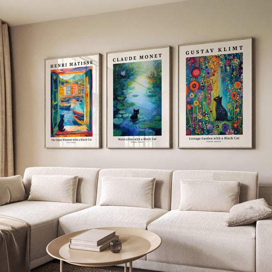 Set of three black cat art prints inspired by Matisse, Monet, and Klimt displayed as gallery wall art.