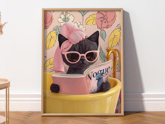 Funny Black Cat Bathroom Print – Cat Reading Magazine – fine art print wall decor