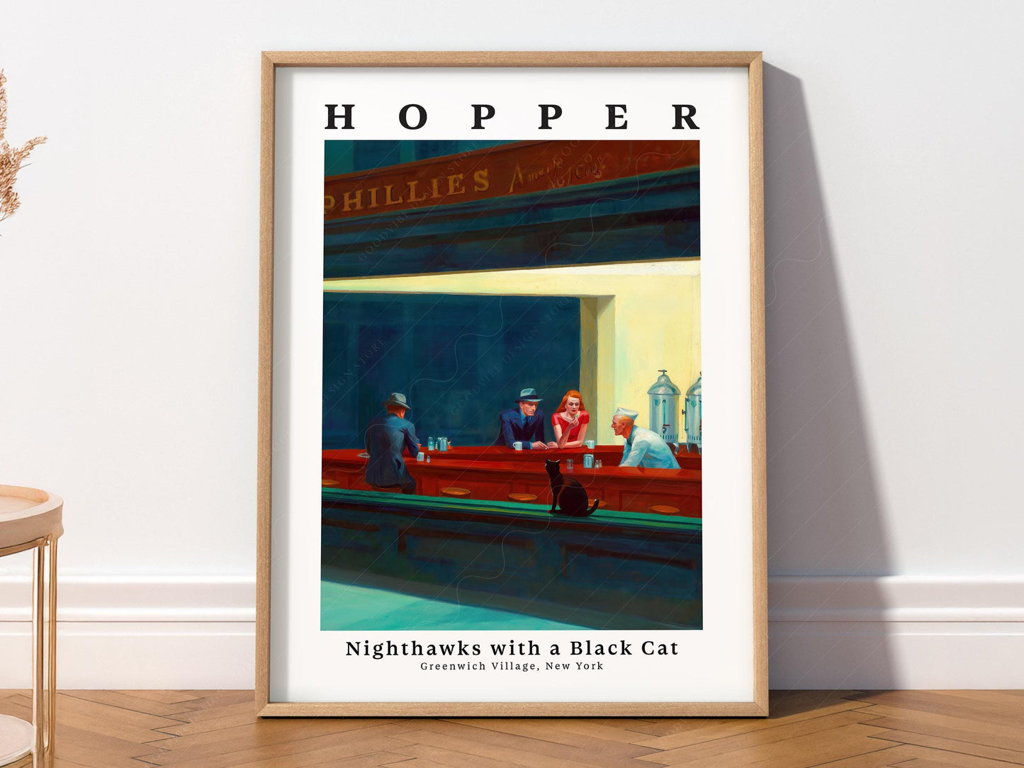 Edward Hopper Nighthawks with Black Cat Print – Funny – art poster for living room
